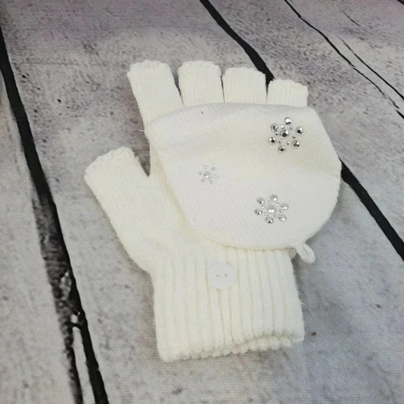 Girls White/Cream Sparkly Snowflake Knit Hat Beanie with Fingerless Glove set - Picture 10 of 13